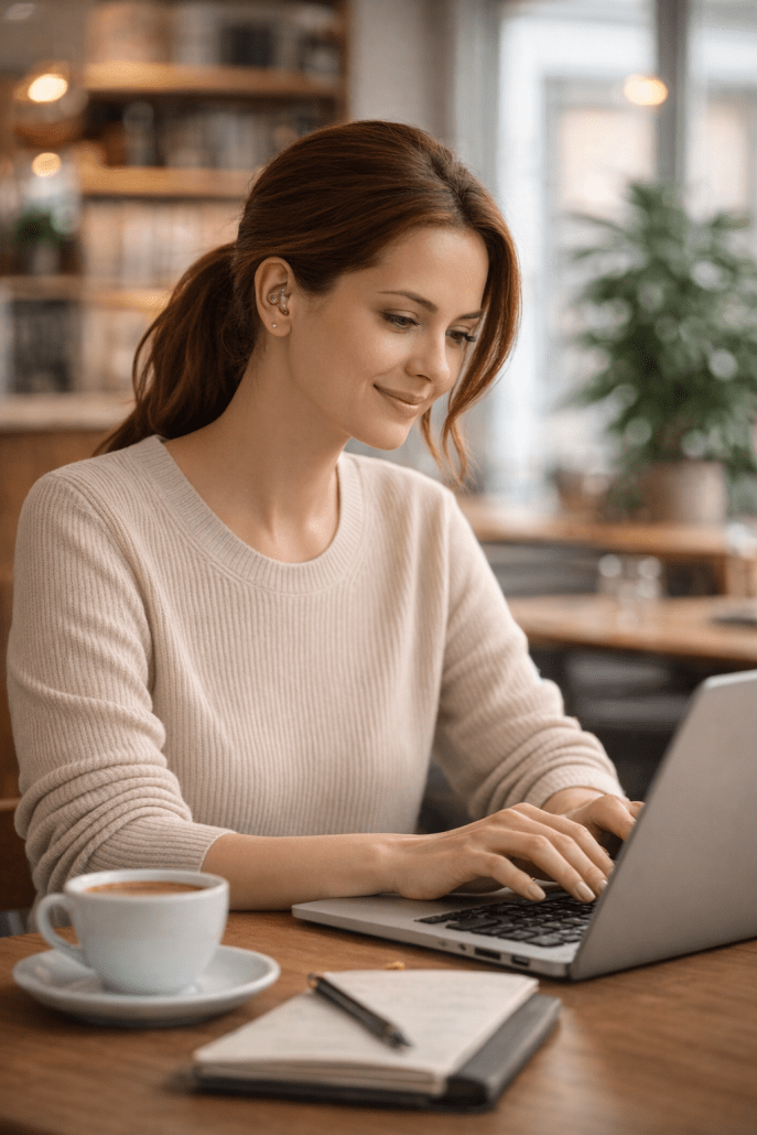 Frau mit maßgefertigtem Gehörschutz arbeitet konzentriert im Café am Laptop.